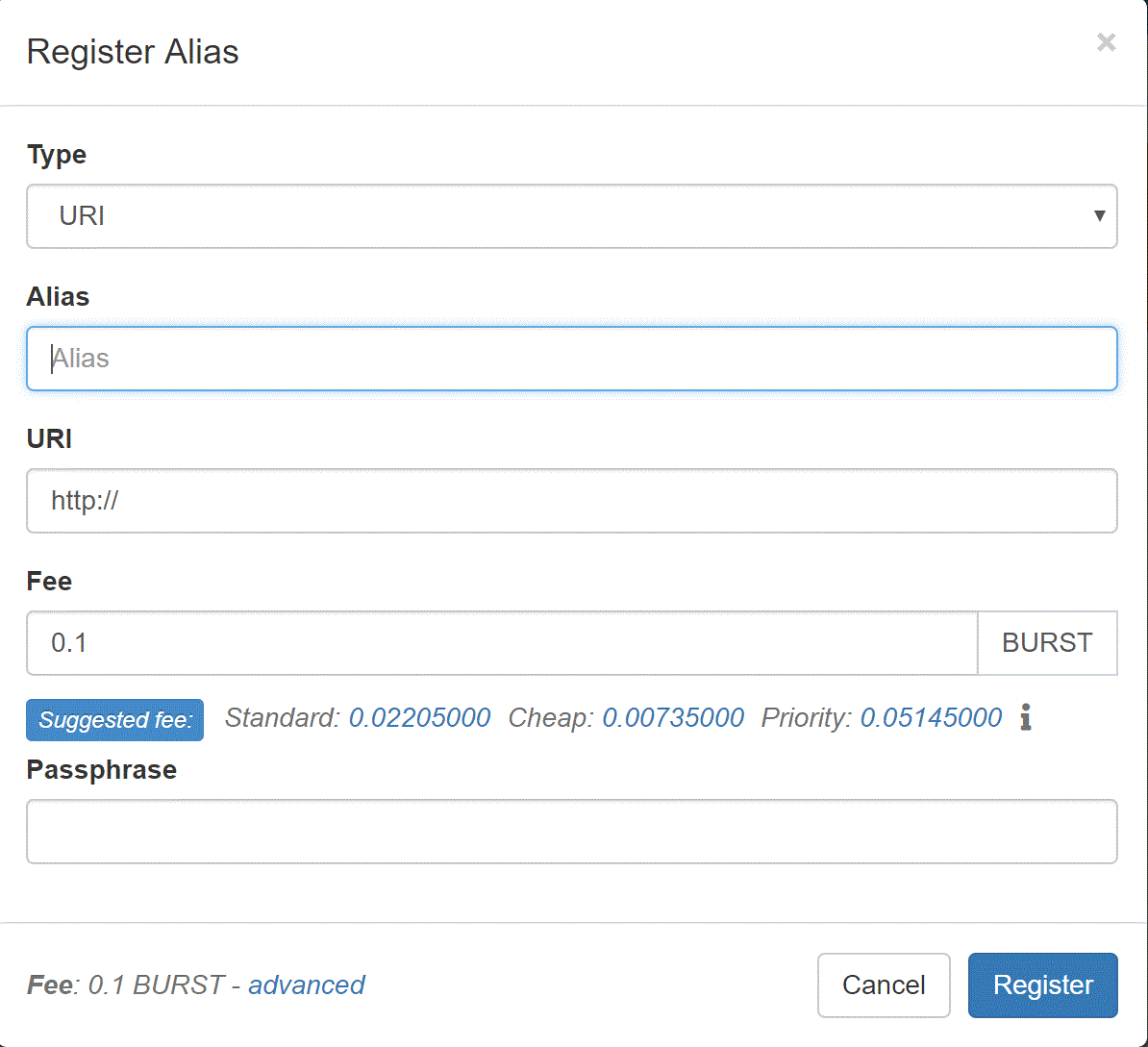 Image showing fields for registering an alias using the Burstcoin wallet