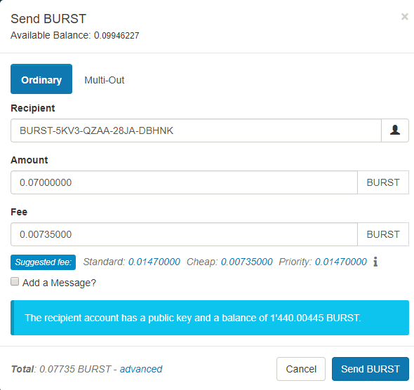 Image showing the fields for sending Burstcoin