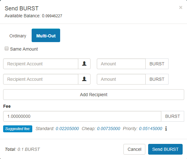 Image showing the fields for multi-out transactions in the Burstcoin wallet