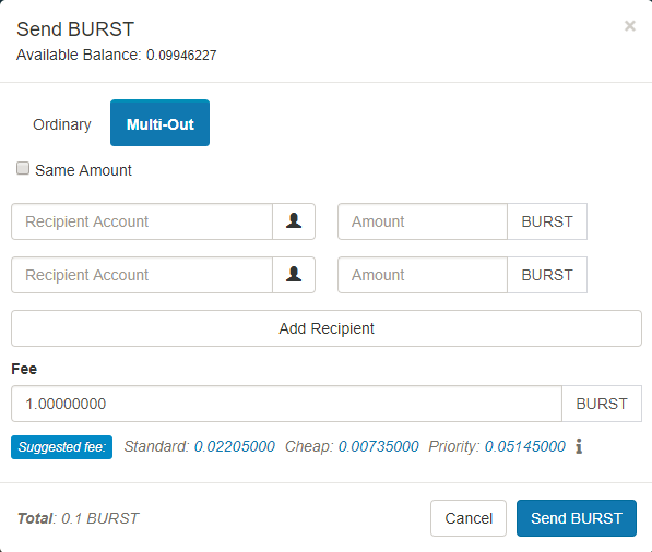 Imagem que mostra os campos para transações multi-out na carteira de Burstcoin