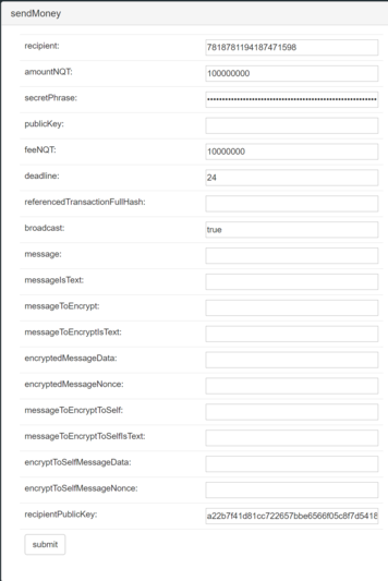 Image showing fields for activating a Burstcoin account using the API