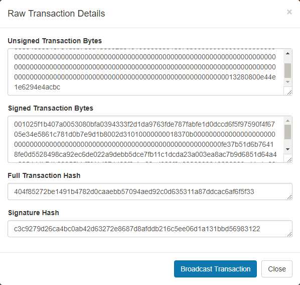 Imagen que muestra el texto sin procesar de una transacción avanzada en la cartera Burstcoin