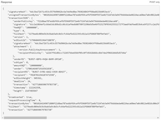 Image showing the API response when activating a Burstcoin account using the API
