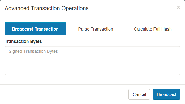 Image showing the Broadcast button for finalizing an advanced transaction in the Burstcoin wallet