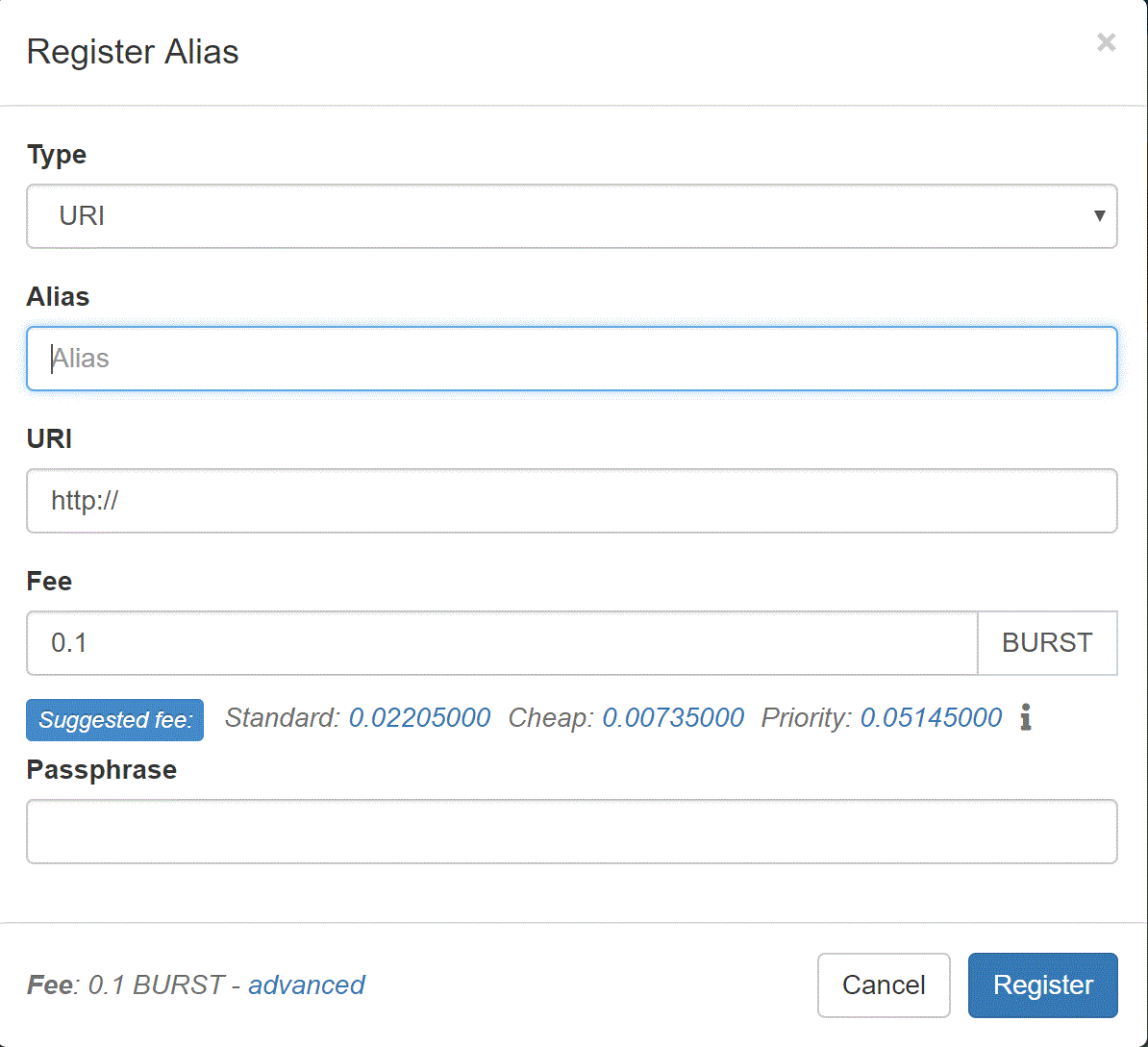 Imagem mostrando campos para registrar um alias usando a carteira Burstcoin