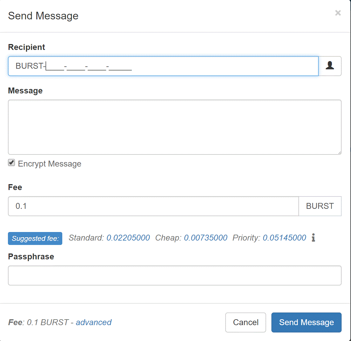 Imagem que mostra campos para emitir mensagens usando a carteira de Burstcoin