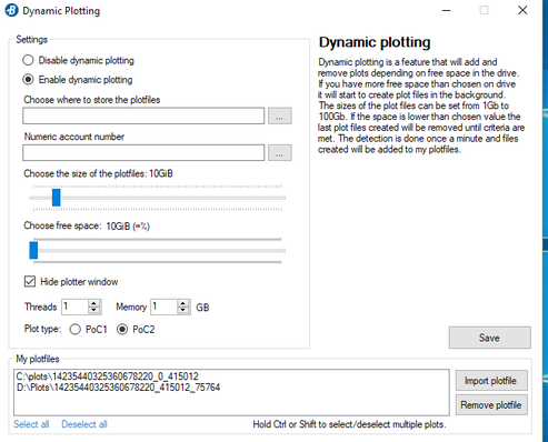 Image showing the fields for dynamic plotting using the Burstcoin wallet integrated plotting software included with QBundle