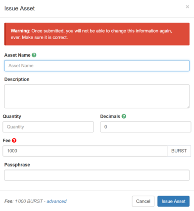 Image showing field for issuing an asset in the Burstcoin asset exchange