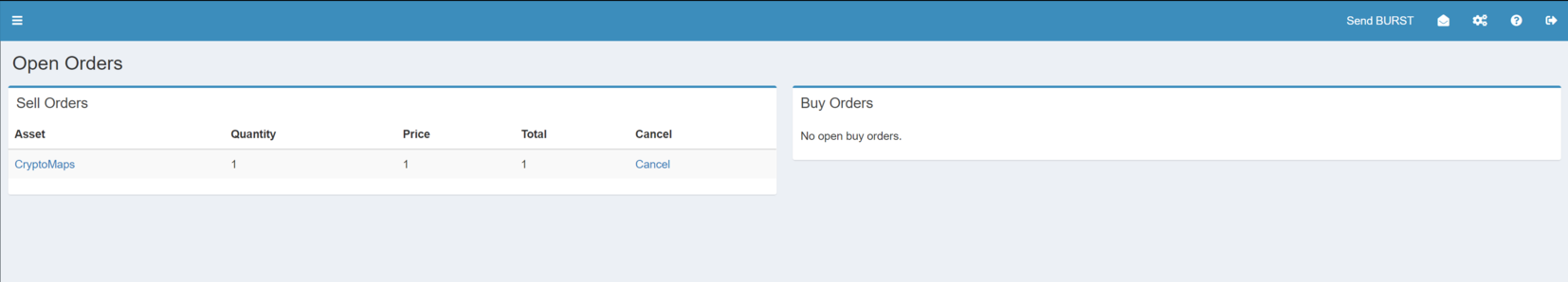 Image showing account holders open orders in the Burstcoin wallet