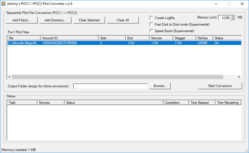 Image showing the fields for configuring the POC1 to POC2 Burstcoin plot converter