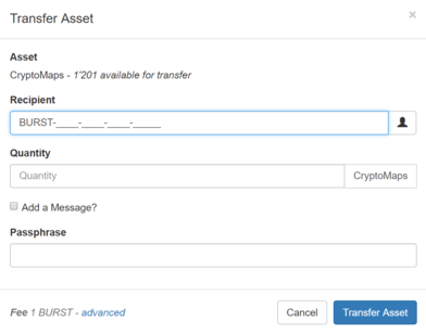 Image showing fields for transferring assets in the Burstcoin wallet