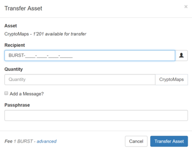 Imagen que muestra campos para transferir activos en la cartera Burstcoin